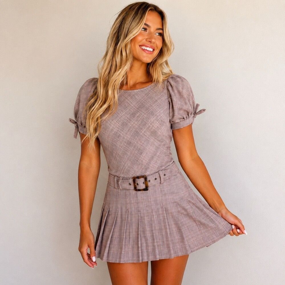 Free People Sevi Plaid Mini Dress S Pink Puff Sleeve Pleated Belted NWOT